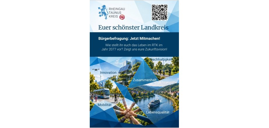 Plakatwerbung in blau-weiß gehalten mit dem Löwen-Wappen des RTK und Darstellung einer Drohne, Fahrradfahrern, einem Schiff, einer Straßenbahn, einem begrüntem Hochhaus mit Solarfläche und zehn Händen, die sich sternförmig anfassen.