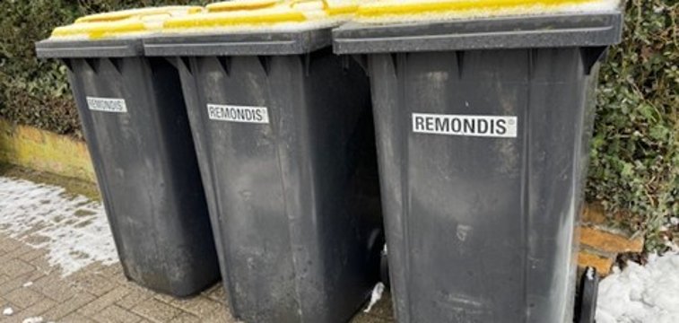 Vort einer Hecke stehen drei schwarze Tonnen mit der Aufschrift Remondis und gelben Deckeln. Auf dem Gehweg liegt zusammengeschobener Schnee. 