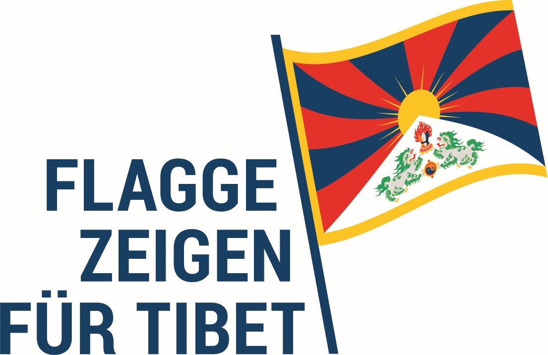 Tibetische Flagge mit rot-blauen Streifen und einer Sonne sowie zwei grün-weiße Drachen 