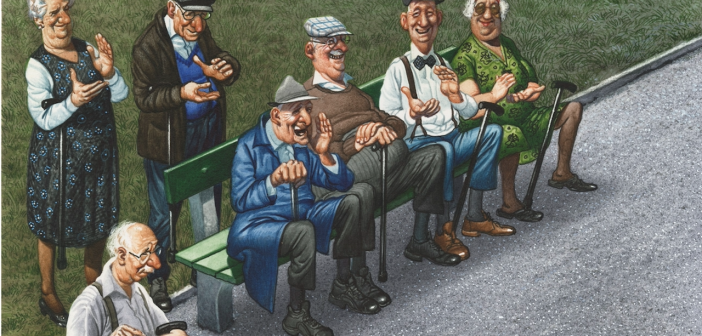 Karikatur „Lastenverteilung“. Vier RentnerInnen sitzen auf einer Parkbank, zwei RentnerInnen stehen hinter und ein Rentner neben der Bank. Alle RentnerInnen applaudieren.