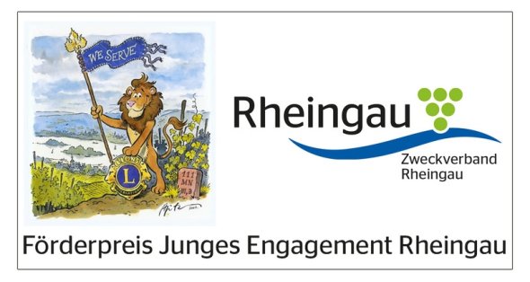 Förderpreis Junges Engagement Rheingau 2024 gezeichneter Löwe vor Weinbergen und dem Fluss Rhein und Symbol des Zweckverbandes Rheingau mit dem Fluss und Trauben