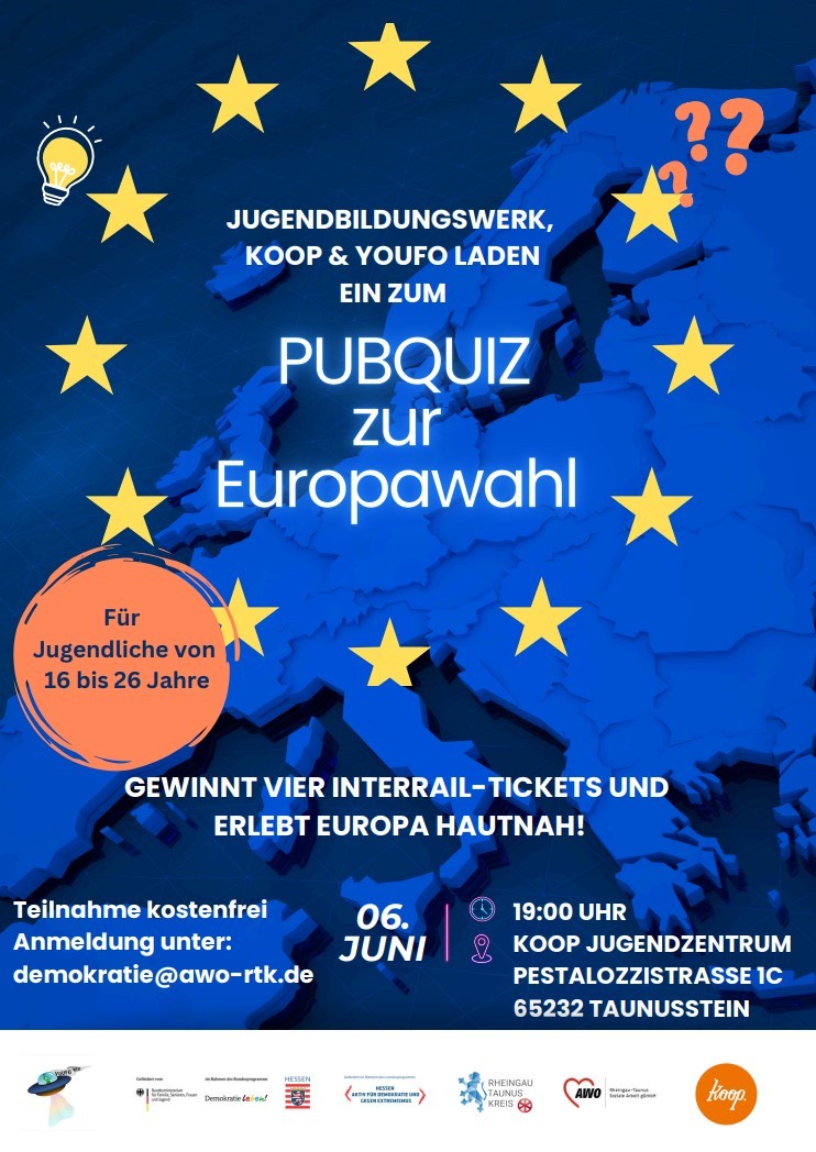 Werbeplakat Europakarte und gelbe Europasterne mit Angaben zum Quiz.