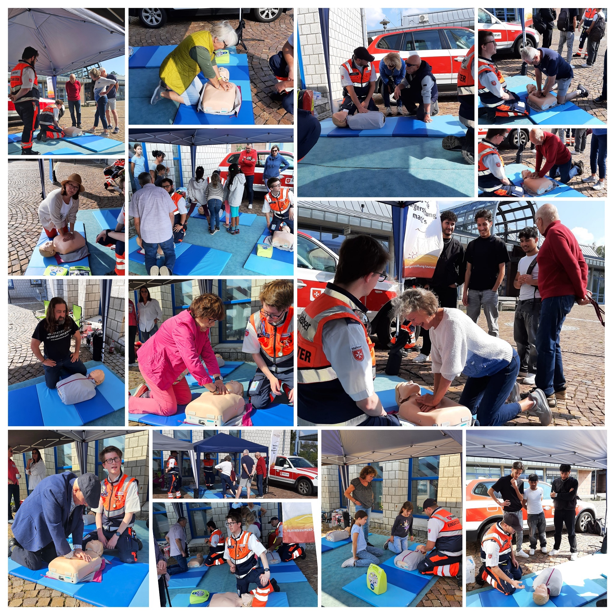 Fotocollage mit Fotos von Leuten, die an einer Puppe, bestehend aus Kopf und Oberkörper, unter Anleitung von Sanitätern, Herzdruckmassagen üben.