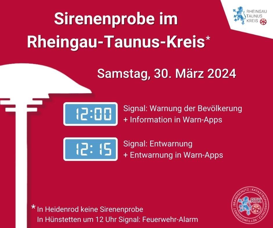 30. März 2024 12 Uhr Signal Warnung und Information in Warn-Apps und 12.15 Uhr Signal Entwarnung und Entwarnung in Warn-Apps