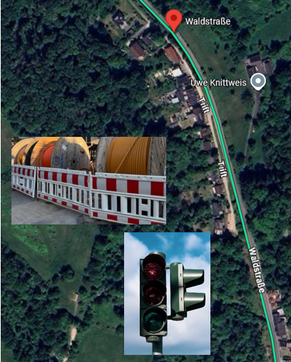 Luftbild eines Straßenabschnittes von Kiedrich mit vielen Bäumen und Grünflächen. Ebenso ist ein Bild mit drei Rollen Glasfaserkabel hinter roten Warnbarken und ein Bild mit einer roten Ampel vor einem blauem Himmel mit weißen Wolken abgebildet.