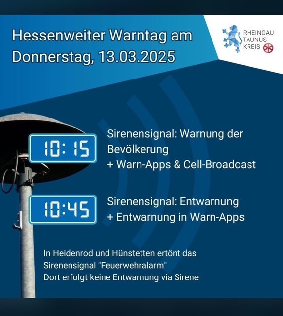 Plakat mit einer Sirene und den Daten, wann Warntag in Hessen ist.