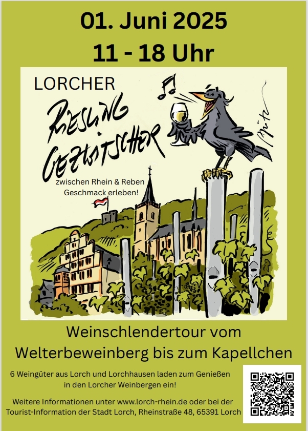 Grüne Plakatwerbung für eine Weinschlendertour. Gemalt wurde eine Amsel, die ein Weinglas im Flügel hält und auf einem Pfosten in den Weinbergen sitzt. Im Hintergrund die Lorcher Wahrzeichen.