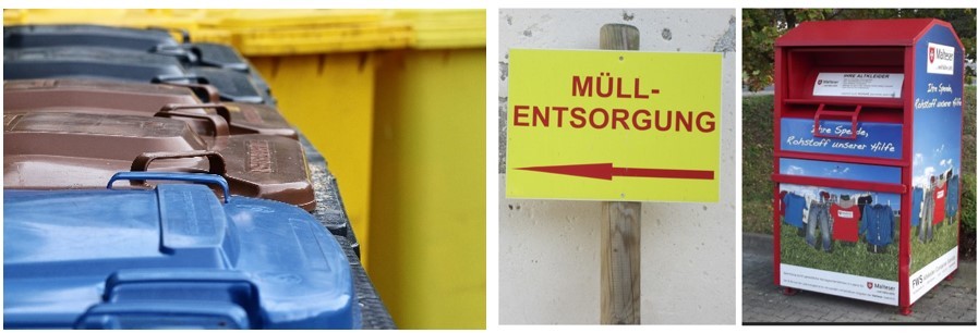 Das Bild besteht aus drei einzelnen Bildern. Links ein Ausschnitt von Mülltonnen mit einem blauen, einem braunen und zwei schwarzen Deckeln und drei gelben Tonnen mit gelben Deckeln. In der Mitte ein Holzpfahl, mit einem gelben Schild mit roter Schrift "Müllentsorgung" und einem rotem Pfeil und rechts ein Altkleidercontainer der Malteser, auf dem eine Wäscheleine mit Kleidung und einer Wiese und Himmel abgebildet ist.