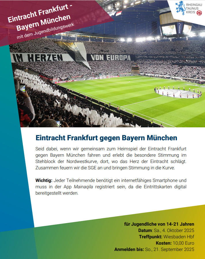 Plakatwerbung mit einem Fussballstadion, was voll besetzt ist. Viele Menschen halten weiße Fahnen in den Händen. In der Mitte des Rasen ist ein Kreis, um den mit Abstand voneinander Personen stehen. Die Scheinwerfer, Flutlichter und Bildschirme sind an.
