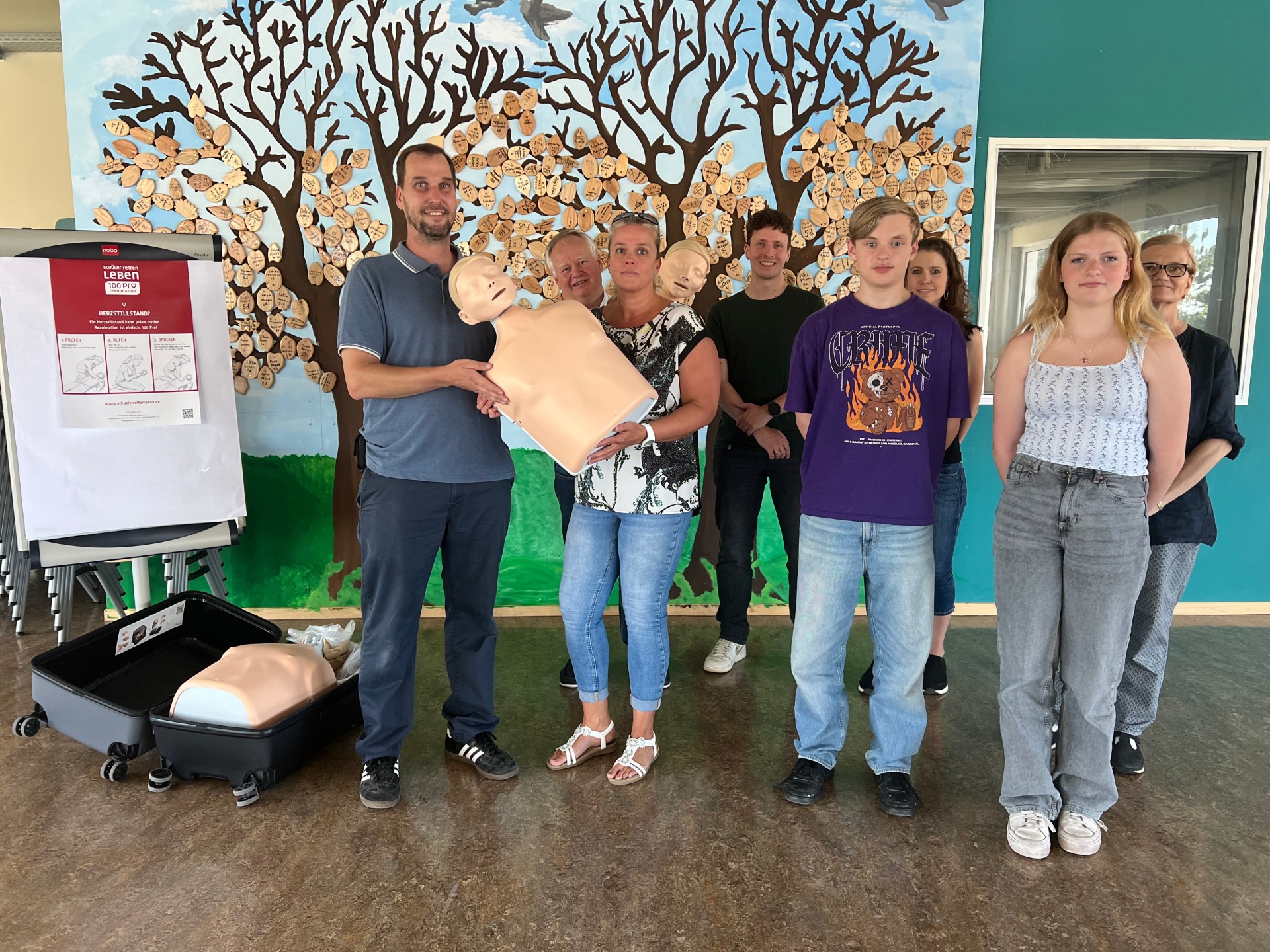 Vor zwei gemalten Bäumen, an denen statt grünen Blätter, hölzerne, beschriftete Blätter hängen, stehen 8 Personen und halten einen Kopf mit Oberkörper einer Trainingspuppe. Vor einem Flipchart mit Plakat, liegt ein offener Koffer mit einer weiteren Trainingspuppe.