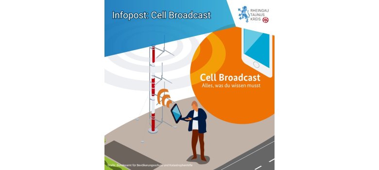Hessenweiter Warntag - 04.2_Warntag_CB_11:30 Uhr Plakat des Rheingau-Taunus-Kreises zum bundesweiten Warntag. Es ist ein Teil einer Straße und eines Bürgersteiges auf dem ein Mann mit brauner Hose, weißem Shirt und blauem Sakko mit einem Tablet in der Hand abgebildet ist. Vom Tablet aus gehen orangene Wellen zu einem Funkmast hin. Das Bild ist gezeichnet. Oben rechts ist auf weißem Hintergrund das Logo des Rheingau-Taunus-Kreises abgebildet.
