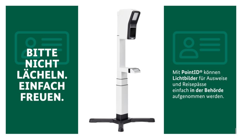 Foto eines Point ID zur Aufnahme von Bildern für den Personalausweis oder Reisepass und Werbung für PointID zur Fotoaufnahme für Bilder für den Reisepass oder den Personalausweis.