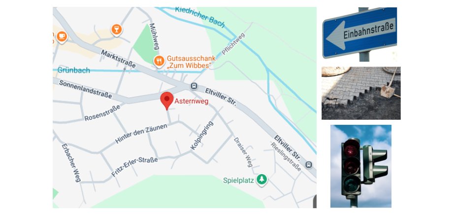 Links ist ein großes Bild mit einer Zeichnung eines Teils der Ortsstraßen von Kiedrich. Daneben ist rechts oben ein Bild von einem Einbahnstraßenschild, ein blaues rechteckiges Schild mit einem weißem Pfeil und dem Wort Einbahnstraße. Darunter ist ein Bild mit einem gepflasterten Bürgersteig, der zum Teil geöffnet wurde und darunter ist schwarzer Kies zu erkennen. Darin steckt eine Schaufel. Darunter ist ein weiteres Bild mit einer Ampel, die auf rot steht und rechts zwei Ampelleuchten und Schirm für die Fußgänger hat. Der Himmel dahinter ist blau mit weißen Wolken.