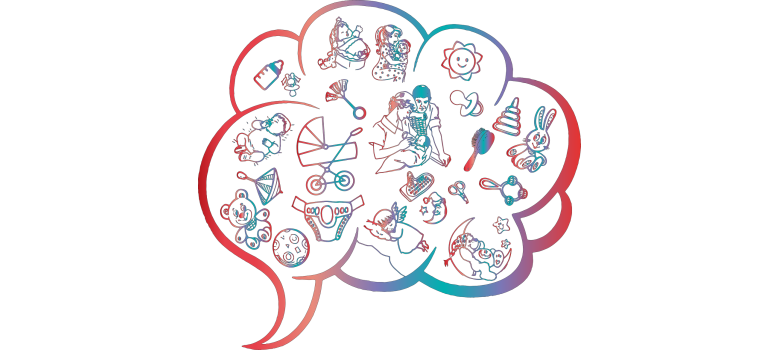 In einer Sprechblase sind verschiedene Kindersymbole gezeichnet, u.a. Ein Kreisel, ein Kinderwagen, ein Schnuller, eine Bürste, ein Hase, eine Schere, eine Rassel, ein Engel, ein Teddy, eine Windel, ein Baby, das Daumen lutscht, Eltern, die ihrme Baby die Flasche geben, ein Kleinkind, das auf dem Schoß der Mutter sitzt. Die Farben sind rot, blau und lila und gehen ineinander über.