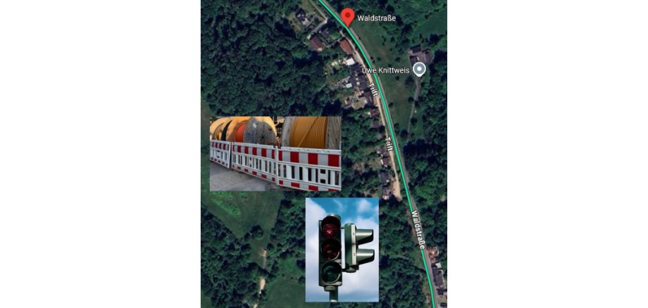 Luftbild eines Straßenabschnittes von Kiedrich mit vielen Bäumen und Grünflächen. Ebenso ist ein Bild mit drei Rollen Glasfaserkabel hinter roten Warnbarken und ein Bild mit einer roten Ampel vor einem blauem Himmel mit weißen Wolken abgebildet.