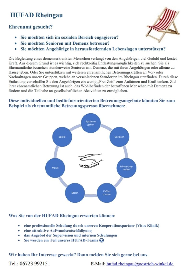 Flyer der HUFAD Rheingau für die Suche nach ehrenamtlichen Betreuungskräften. 