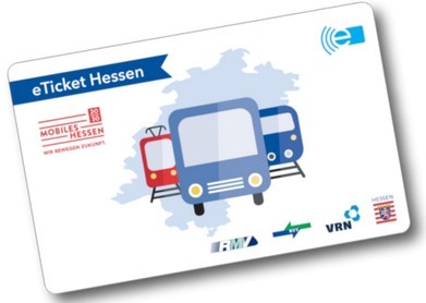 Eine Karte in Scheckkartenformat mit der Landkarte von Hessen in blau und gezeichnet eine rote Straßenbahn und ein blauer Zug auf Schienen sowie ein blauer Bus, alle frontal dargestellt. Oben links ist ein blauer Banner mit "eTicket Hessen" und darunter ein rotes Logo und rechts unten in der Ecke vier weitere Logos.