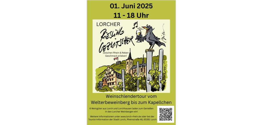 Grüne Plakatwerbung für eine Weinschlendertour. Gemalt wurde eine Amsel, die ein Weinglas im Flügel hält und auf einem Pfosten in den Weinbergen sitzt. Im Hintergrund die Lorcher Wahrzeichen.