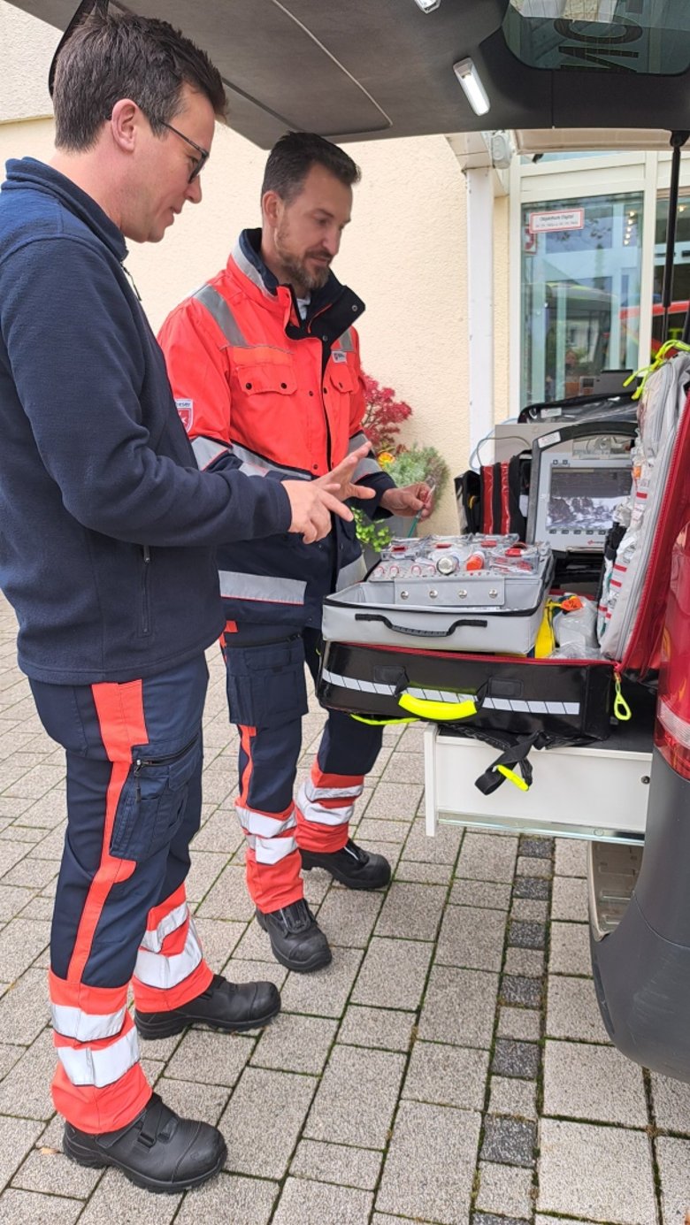 Zwei Männer in blau-orangener Rettungssanitäteruniform stehen vor einem geöffnetem Kofferraum eines Einsatzwagens, und schauen in den geöffneten Koffer mit den Versorgungsutensilien und dem EKG-Gerät mit Defibrillator und externem Schrittmacher, Ultraschall- und Beatmungsgerät.