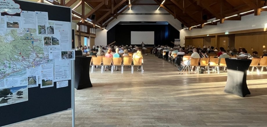 In einem großem Saal sind diverse Reihen bestuhlt und die Stühle besetzt und in der Mitte ist ein Gang. Vorn steht ein Redner vor einer großen Lweinwand und einer Bühne. Hinten im Raum ist eine mit Zetteln gefüllte Pinnwand und stehen mehrere schwarze Stehtische.