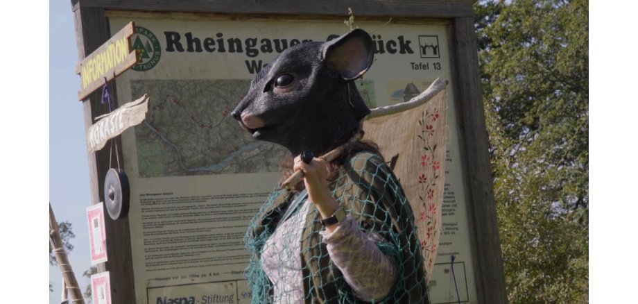 Ein Mensch hat einen lila-weißen Pullover an und darüber eine grüne Strickweste. Darüber ist ein blaues Fischernetz gezogen. In der Hand wird ein Stock gehalten, der auf der Schulter liegt und an dem eine beige Fahne hängt. Am Rand der Fahne sind rote- und rosa-farbene Blüten mit grünen Blättern gedruckt. Auf dem Kopf wird eine Maske aus Kunststoff getragen, die wie eine Maus aussieht. Sie bedeckt den kompletten Kompf. Im Hintergrund ist eine Informationstafel zum Rheingauer Gebück und daneben sind Laubbäume.