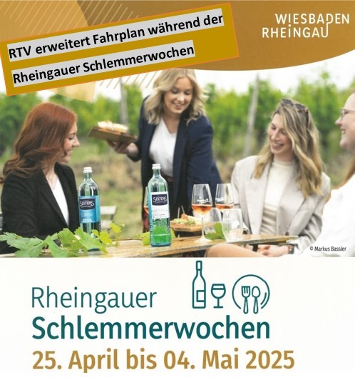 Plakatwerbung für Rheingauer Schlemmerwochen- Drei Frauen im Blazer sitzen an einem Tisch in den Weinbergen und eine Frau im Blazer reicht zwei Brettchen mit Essen an. Auf dem Tisch stehen Wasserglasflaschen und drei mit Rose gefüllte Weingläser und ein Wasserglas sowie Blätter eines Weinstocks.