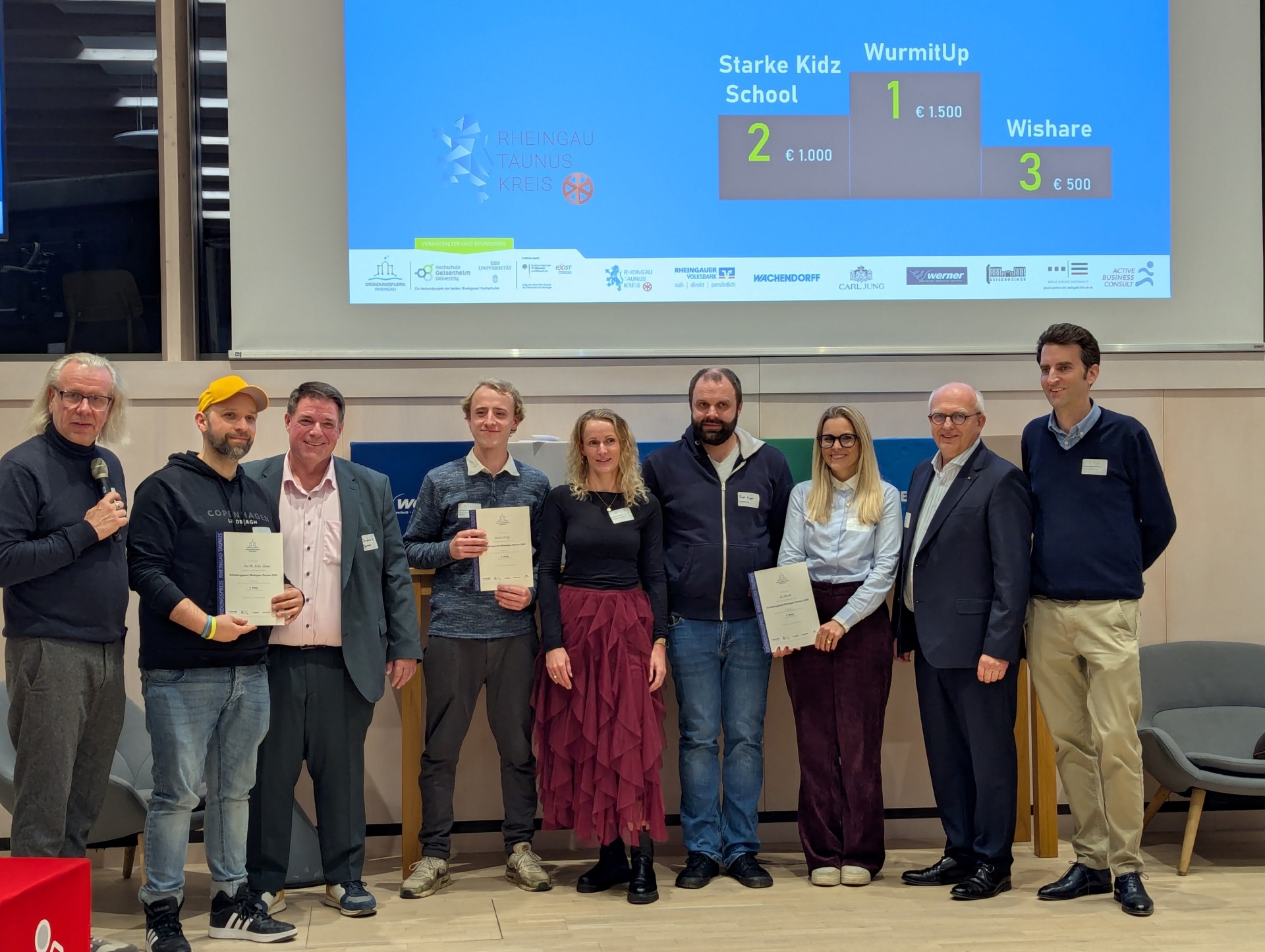 Vor einer großen Leinwand, auf der eine Folie mit drei Säulen, die zeigen, wer welchen Platz belegt hat, abgebildet ist, stehen sieben Männer und zwei Frauen. Zwei Männer und eine Frau halten beige-blaue Urkunden in der Hand. 