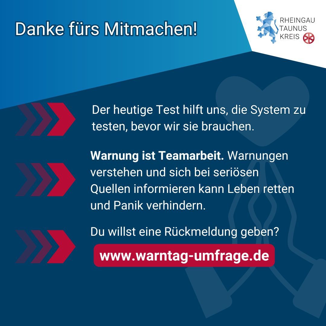 Blaues Plakat des Rheingau-Taunus-Kreises zum bundesweiten Warntag. Oben rechts ist auf weißem Hintergrund das Logo des Rheingau-Taunus-Kreises abgebildet.