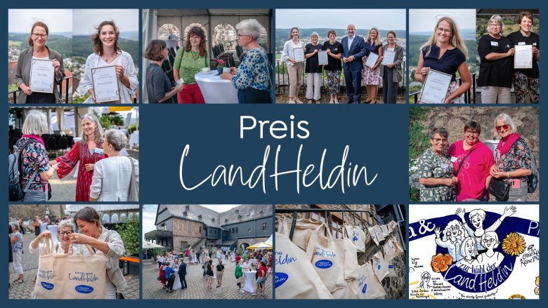 In der Mitte ist ein blaues Rechteck mit der weißen Schrift "Preis Land Heldin". Drum herum sind zwölf bilder mit Frauen oder Frauengruppen mit Urkunden in den Händen und Bilder mit Jute-Beuteln angeordnet.