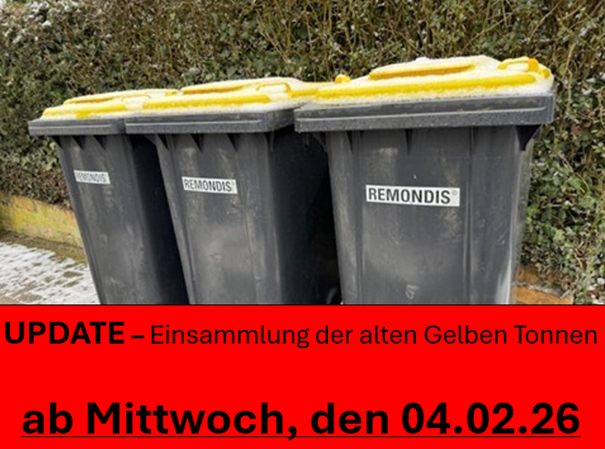 Vort einer Hecke stehen drei schwarze Tonnen mit der Aufschrift Remondis und gelben Deckeln. Auf dem Gehweg liegt zusammengeschobener Schnee. Unten ist ein roter Balken mit einem Hinweistext.