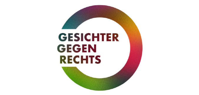 Farbiges O, das links geöffnet ist und in den gleichen Farben steht in Großbuchstaben "Gesichter gegen Rechts"