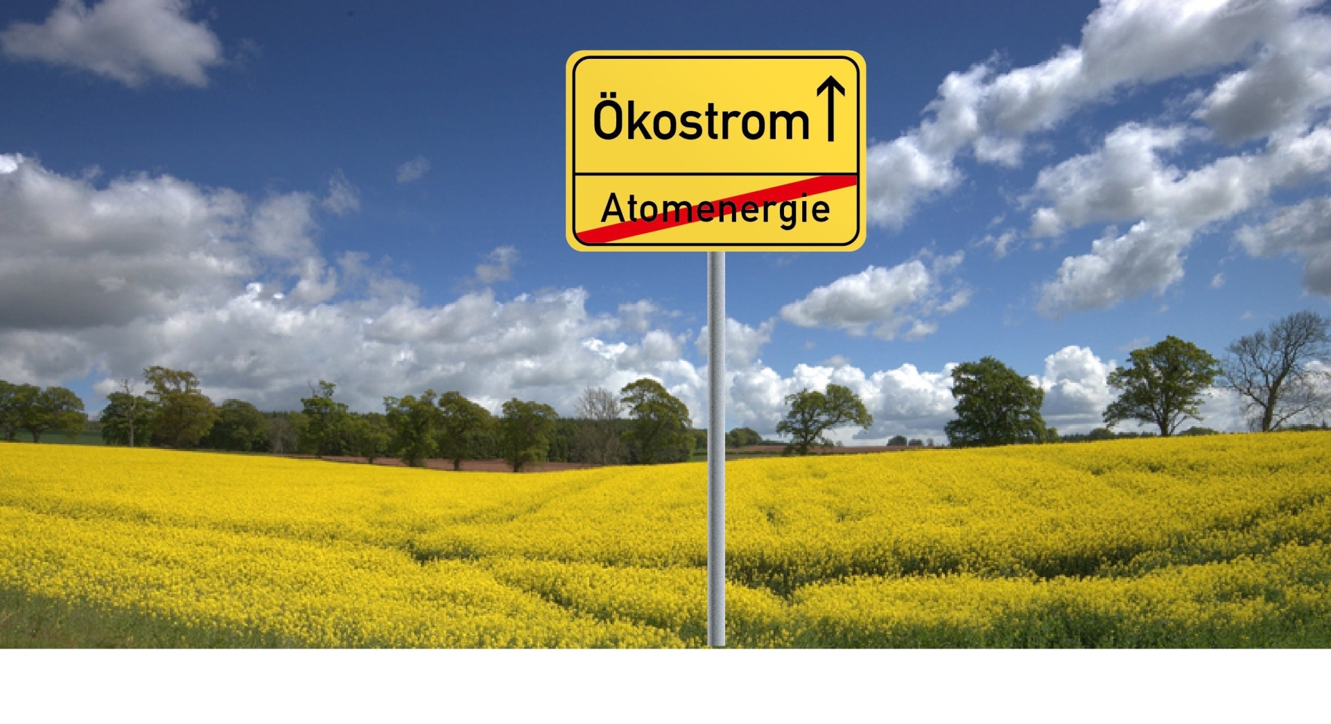 Ein gelb blühendes Rapsfeld mit grünen Laubbäumen im Hintergrund und einem blauen Himmel mit weißen Wolken. Vorne im Bild ist ein gelbes Ortsschild unten steht der Begriff Atomenergie, der rot durchgestrichen ist und oben wird Ökostrom genannt und ein schwarzer Pfeil zeigt nach oben.