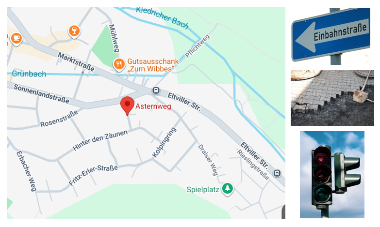 Links ist ein großes Bild mit einer Zeichnung eines Teils der Ortsstraßen von Kiedrich. Daneben ist rechts oben ein Bild von einem Einbahnstraßenschild, ein blaues rechteckiges Schild mit einem weißem Pfeil und dem Wort Einbahnstraße. Darunter ist ein Bild mit einem gepflasterten Bürgersteig, der zum Teil geöffnet wurde und darunter ist schwarzer Kies zu erkennen. Darin steckt eine Schaufel. Darunter ist ein weiteres Bild mit einer Ampel, die auf rot steht und rechts zwei Ampelleuchten und Schirm für die Fußgänger hat. Der Himmel dahinter ist blau mit weißen Wolken.