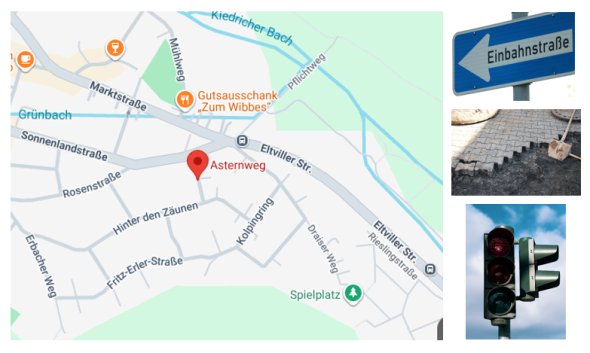 Links ist ein großes Bild mit einer Zeichnung eines Teils der Ortsstraßen von Kiedrich. Daneben ist rechts oben ein Bild von einem Einbahnstraßenschild, ein blaues rechteckiges Schild mit einem weißem Pfeil und dem Wort Einbahnstraße. Darunter ist ein Bild mit einem gepflasterten Bürgersteig, der zum Teil geöffnet wurde und darunter ist schwarzer Kies zu erkennen. Darin steckt eine Schaufel. Darunter ist ein weiteres Bild mit einer Ampel, die auf rot steht und rechts zwei Ampelleuchten und Schirm für die Fußgänger hat. Der Himmel dahinter ist blau mit weißen Wolken.