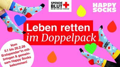 Auf einem pinkem Hintergrund wird Werbung für das Blutspenden gemacht. Links oben und rechts unten in der Ecke sind jeweils zwei Füsse mit bunten Socken. die eine rote Ferse, schwarze Zehen, blauen Bündchen und gelbe Bündchen haben. Die Socken sind hellblau mit Tropfen in rot, weiß, blau und gelb und einem großem weißen Tropfen mit einem roten Kreuz und schwarzen Buchstaben "Schenke Leben" und Spende Blut".