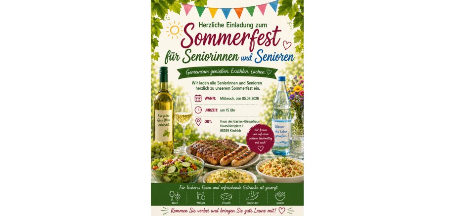 Plakatwerbung mit einer Flasche Wein und Wasser, einem Teller mit gegrilltem Fleisch und Bratwurst und drei Schüsseln Salaten sowie einem Wiesen-Blumenstrauß und einer Grilande und Blätter einer Weinrebe.