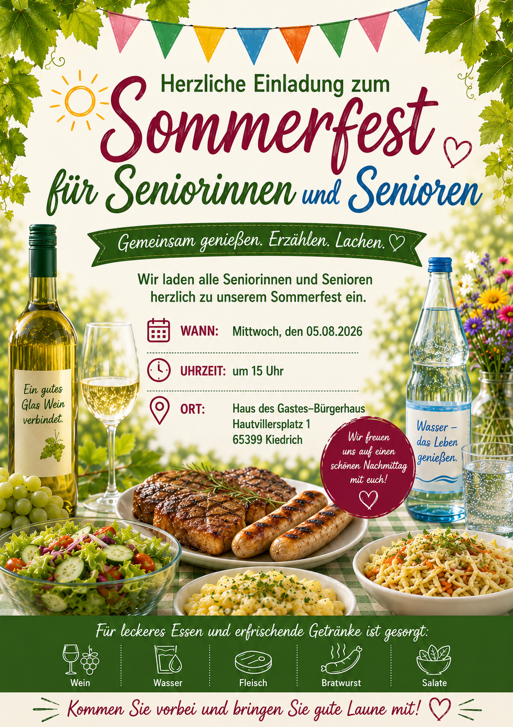 Plakatwerbung mit einer Flasche Wein und Wasser, einem Teller mit gegrilltem Fleisch und Bratwurst und drei Schüsseln Salaten sowie einem Wiesen-Blumenstrauß und einer Grilande und Blätter einer Weinrebe.