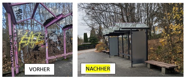 Eine mit Graffiti beschmierte Bushaltestelle mit Glaswänden und pinkem Metallgehäuse und pinke Metallsitzflächen links und dem Zusatz "vorher" und rechts die gereinigte Bushaltestelle mit sauberen Glaswänden und Milchglas an den Seiten sowie drei Holzbänken neben der Haltestelle und der von pink auf schwarz geänderten Metallfarbe. Auf dem Bild ist der Zusatz "nachher"