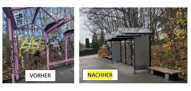 Eine mit Graffiti beschmierte Bushaltestelle mit Glaswänden und pinkem Metallgehäuse und pinke Metallsitzflächen links und dem Zusatz "vorher" und rechts die gereinigte Bushaltestelle mit sauberen Glaswänden und Milchglas an den Seiten sowie drei Holzbänken neben der Haltestelle und der von pink auf schwarz geänderten Metallfarbe. Auf dem Bild ist der Zusatz "nachher"