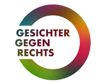 Farbiges O, das links geöffnet ist und in den gleichen Farben steht in Großbuchstaben "Gesichter gegen Rechts" 