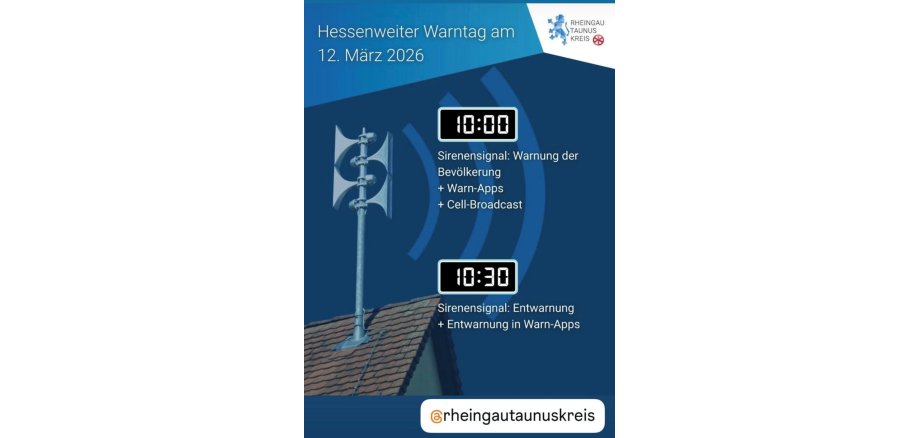 In Blautönen gehaltene Plakatwerbung. Auf einem Dach mit roten Dachziegeln und beiger Fassadenfarbe steht eine silberne Metallstange mit vier silberne Sirene, zwei davon zeigen in die eine und zwei in die entgegengesetzte Richtung.