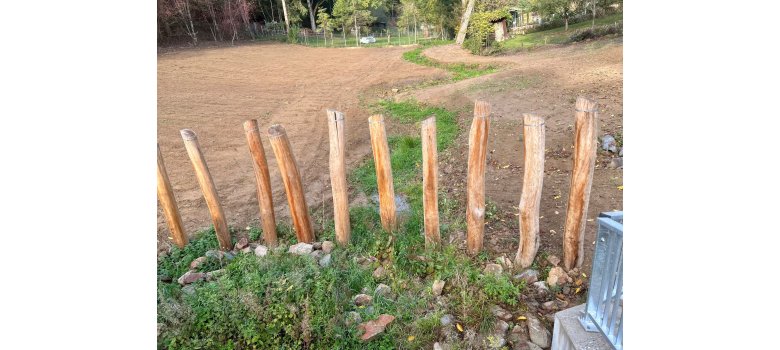 Hochwasserrückhaltebecken "Grünbach" Im Vordergrund sind 10 Holzpflöcke und Gräser und dahinter eine große Erdige Fläche.