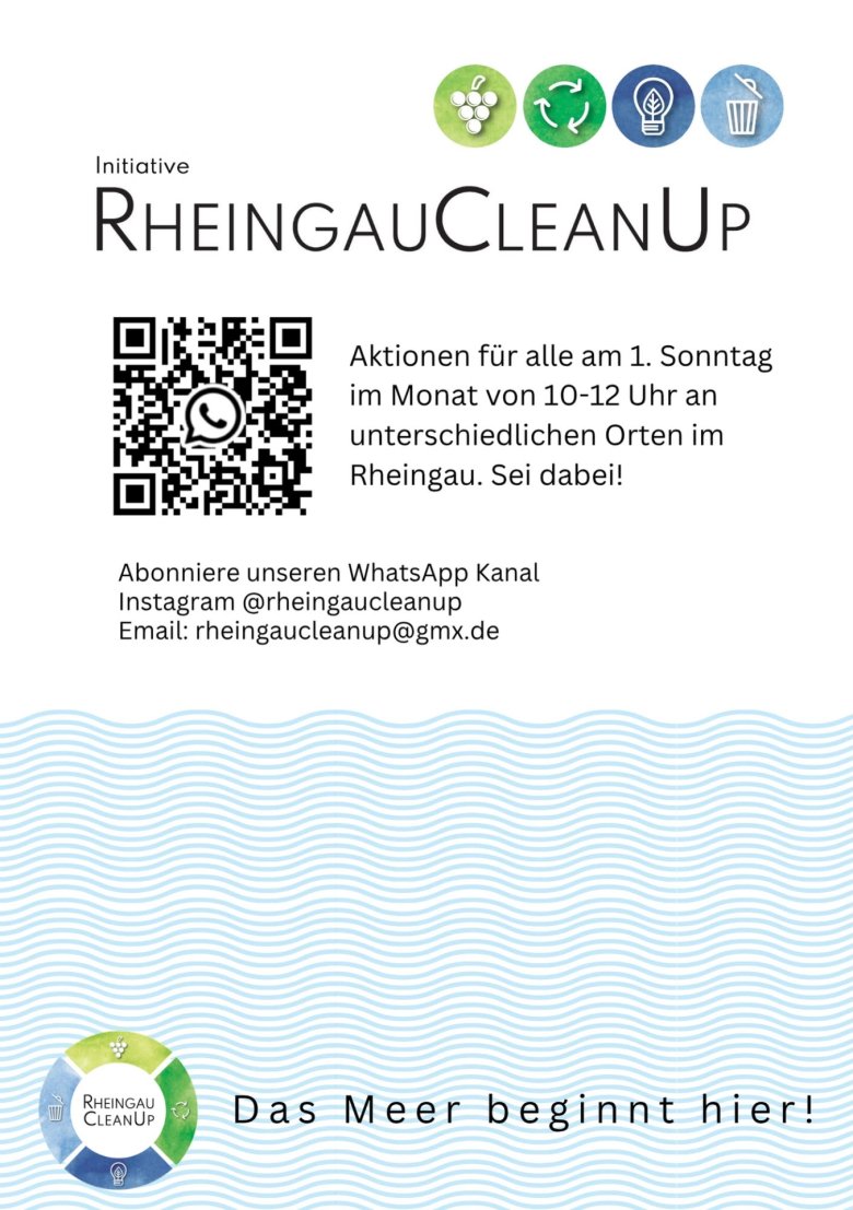 Plakatwerbung mit einem whatsapp-QR-Code und darunter blaue Wellen und das Logo von RheingauCleanUp mit einer Traube, drei Pfeilen im Kreis, einer Glühbirne und einer Mülltonne mit geöffnetem Deckel.