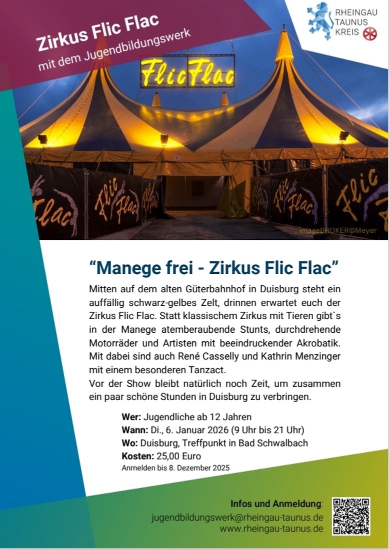 Plakatwerbung für den Zirkus Flic Flac. Oberhalb der textlichen Beschreibung ist ein blau, gelbes Zirkuszelt mit zwei Kuppeln und davor Zäune mit der Bannerwerbung von Flic Flac.