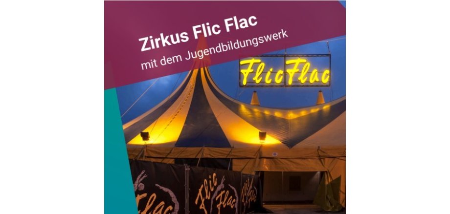 Plakatwerbung für den Zirkus Flic Flac. Es ist ein blau, gelbes Zirkuszelt mit zwei Kuppeln und davor Zäune mit der Bannerwerbung von Flic Flac erkennbar.