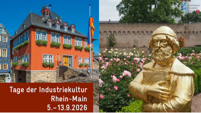 Eine goldene Statue, die Gutenberg zeigt, hält umschlungen ein Buch vor den Oberkörper. Im HIntergrund ist ein Rosenbeet und eine Steinmauer. Links ist ein weiteres Bild mit einem rotem Haus mit hellblau-weißen Sprossenfenstern, bepflanzte Blumenkästen.