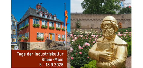 Eine goldene Statue, die Gutenberg zeigt, hält umschlungen ein Buch vor den Oberkörper. Im HIntergrund ist ein Rosenbeet und eine Steinmauer. Links ist ein weiteres Bild mit einem rotem Haus mit hellblau-weißen Sprossenfenstern, bepflanzte Blumenkästen.