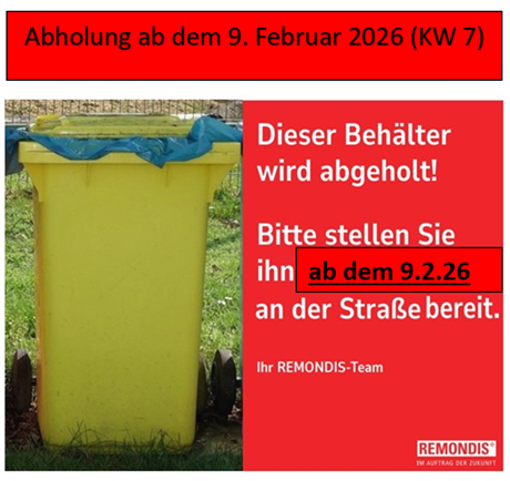 Auf einer Wiese steht eine gelbe Tonne mit einem blaue Müllsäcke in sich. Daneben ist auf rotem Untergrund ein Hinweis in Buchstaben geschrieben.