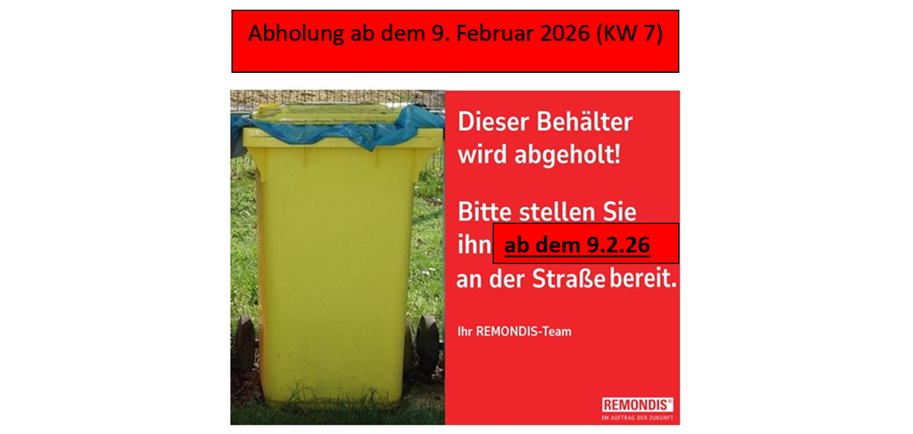 Auf einer Wiese steht eine gelbe Tonne mit einem blaue Müllsäcke in sich. Daneben ist auf rotem Untergrund ein Hinweis in Buchstaben geschrieben.