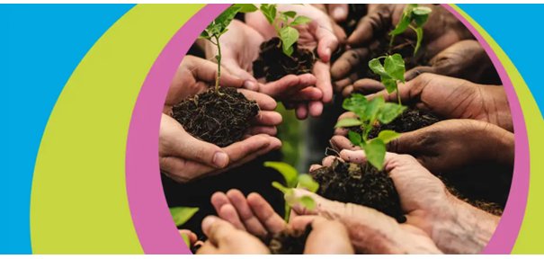 Mehrere Hände halten Erde mit einem kleinen Pflänzchen in der Hand . Zusammen bilden Sie einen Kreis. Links und rechts um das Bild sind ein pinker Kreis,danach ein grüner Kreis und ein blauer Kreis.